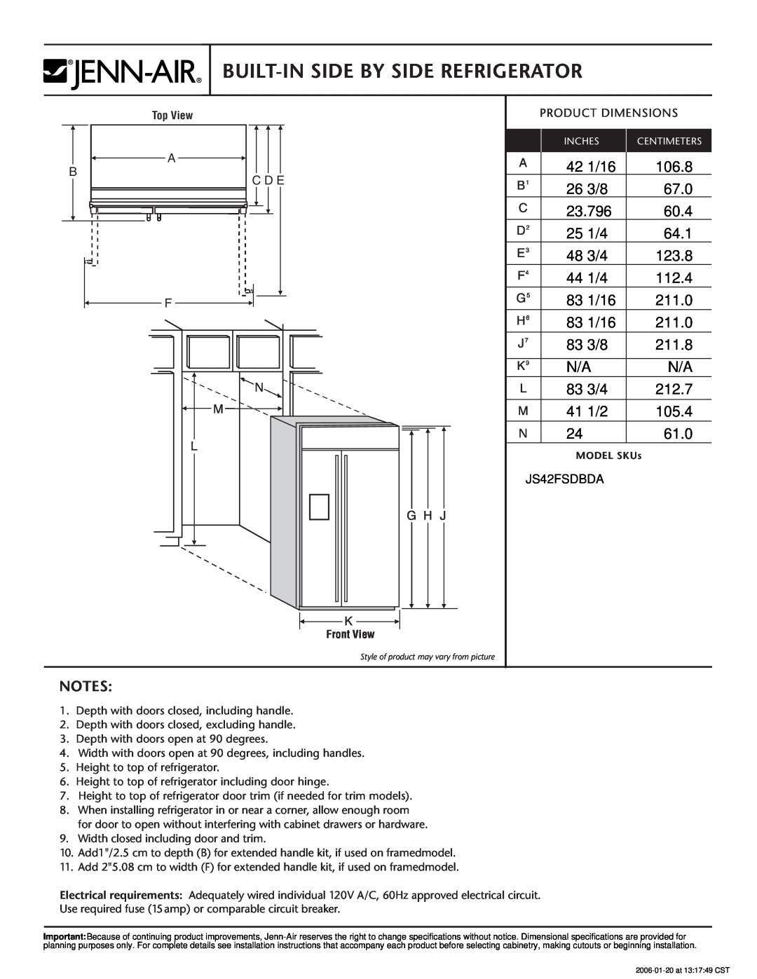 Jenn-Air JS42FSDBDA dimensions Built-In Side By Side Refrigerator, Product Dimensions 