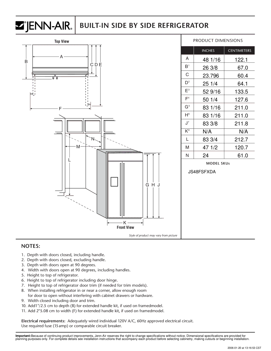 Jenn-Air JS48FSFXDA dimensions BUILT-IN Side by Side Refrigerator, 122.1, 67.0 