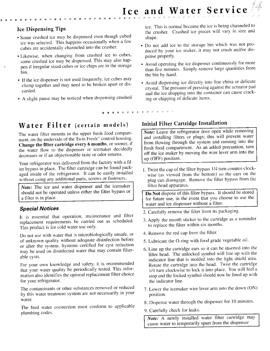 Jenn-Air JCD2289AEB, JSD2388AEA, JSD2388AEB Water Service, Ice Dispensing Tips, Initial Filter Cartridge Installation 