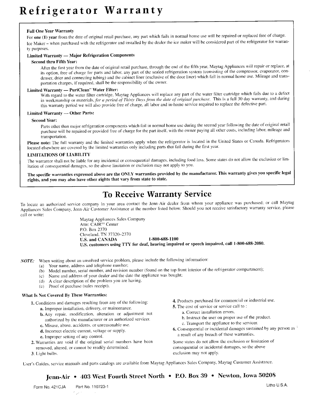 Jenn-Air JCD2289ATW, JSD2388AEA, JSD2388AEB, JSD2388AEW, JCD2289AEW Refrigerator Warranty, To Receive Warranty Service 