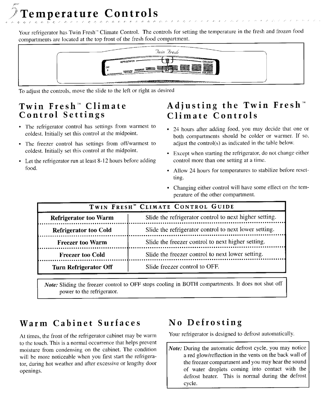 Jenn-Air JCD2289AES, JSD2388AEA Twin Fresh TM Climate Control Settings, Adjusting the Twin Fresh TM Climate Controls 