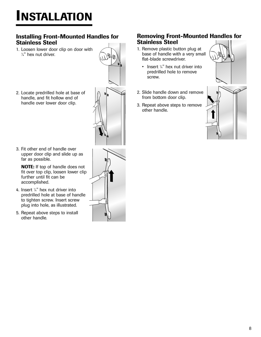 Jenn-Air JSD2789HES, JSD2789HEW, JSD2789HEB, 12842108 Installing Front-Mounted Handles for Stainless Steel 