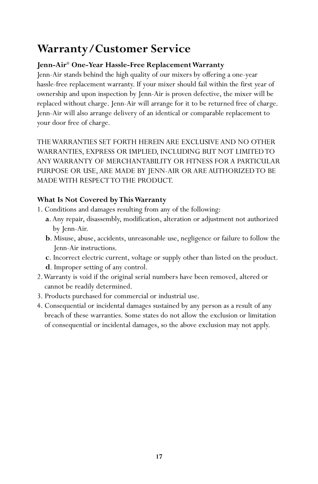 Jenn-Air JSM900 manual Warranty/Customer Service, Jenn-AirOne-Year Hassle-Free Replacement Warranty 