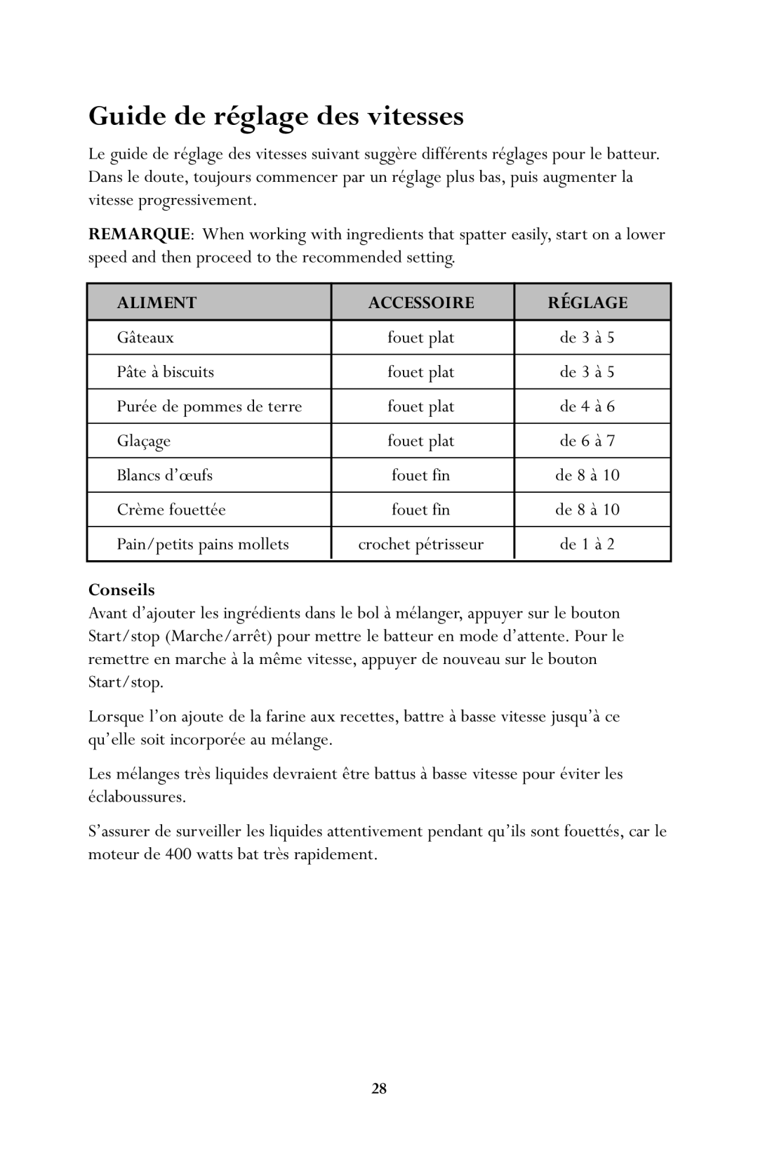 Jenn-Air JSM900 manual Guide de réglage des vitesses, Conseils 