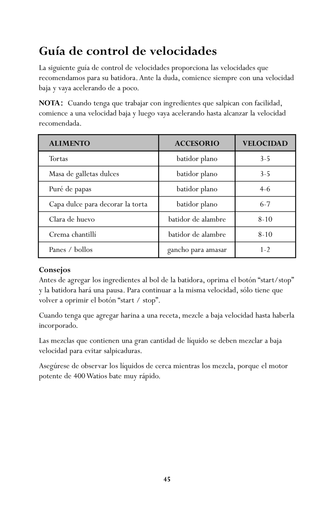 Jenn-Air JSM900 manual Guía de control de velocidades, Consejos 