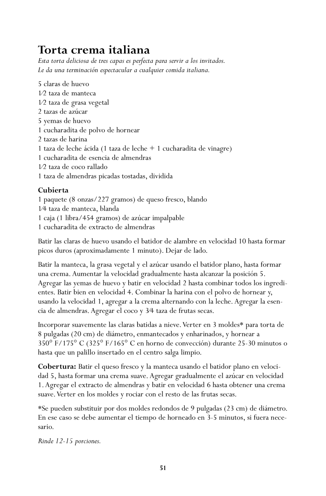 Jenn-Air JSM900 manual Torta crema italiana, Cubierta, Rinde 12-15porciones 