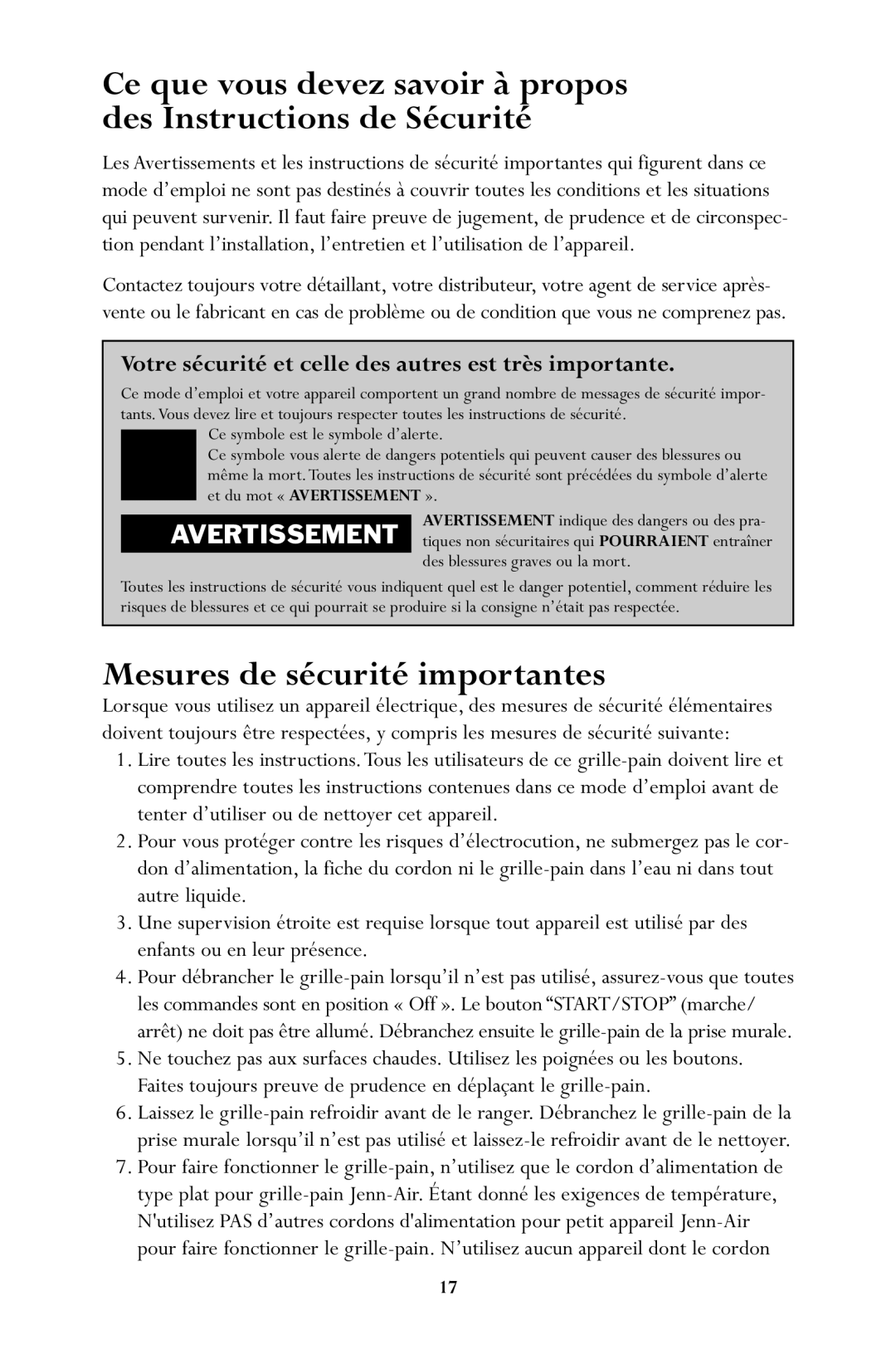 Jenn-Air JTO500 manual Mesures de sécurité importantes, Votre sécurité et celle des autres est très importante 