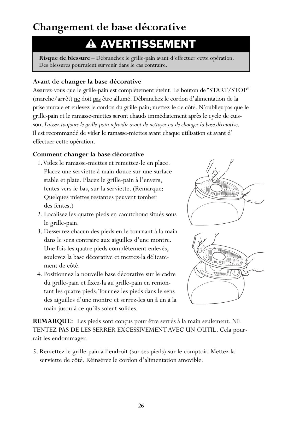 Jenn-Air JTO500 Changement de base décorative, Avant de changer la base décorative, Comment changer la base décorative 