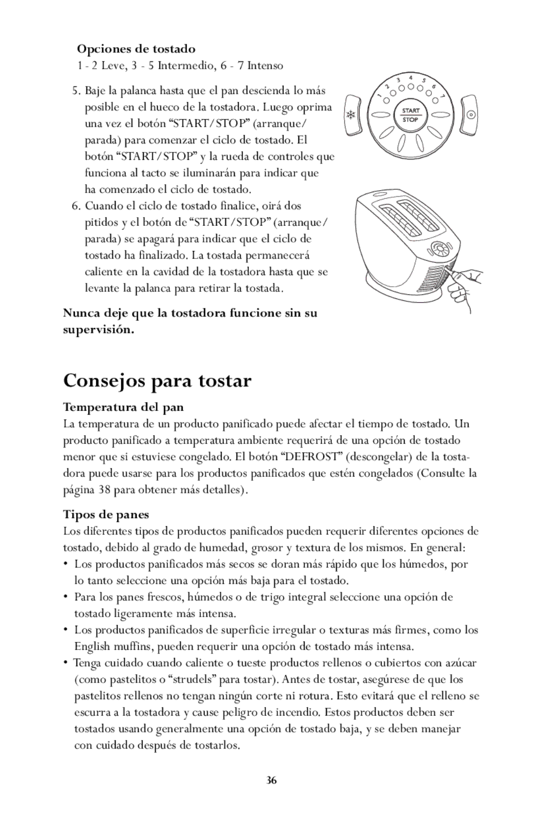 Jenn-Air JTO500 manual Consejos para tostar, Opciones de tostado, Nunca deje que la tostadora funcione sin su supervisión 