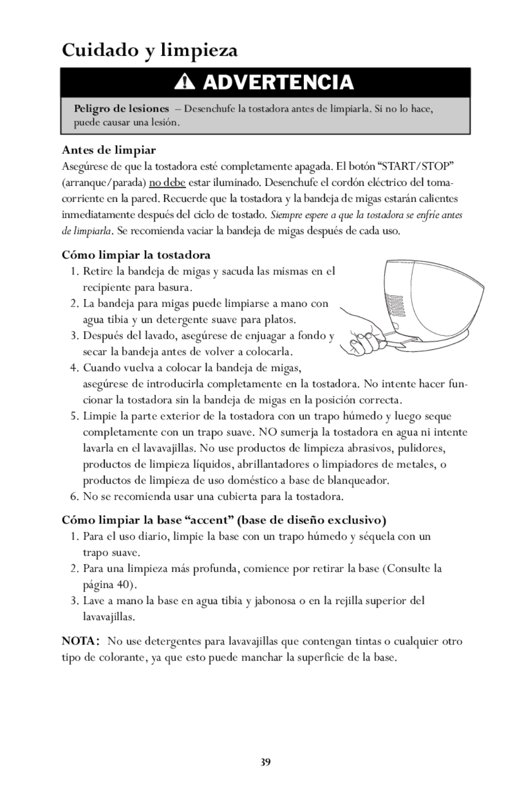 Jenn-Air JTO500 manual Cuidado y limpieza, Antes de limpiar, Cómo limpiar la tostadora 