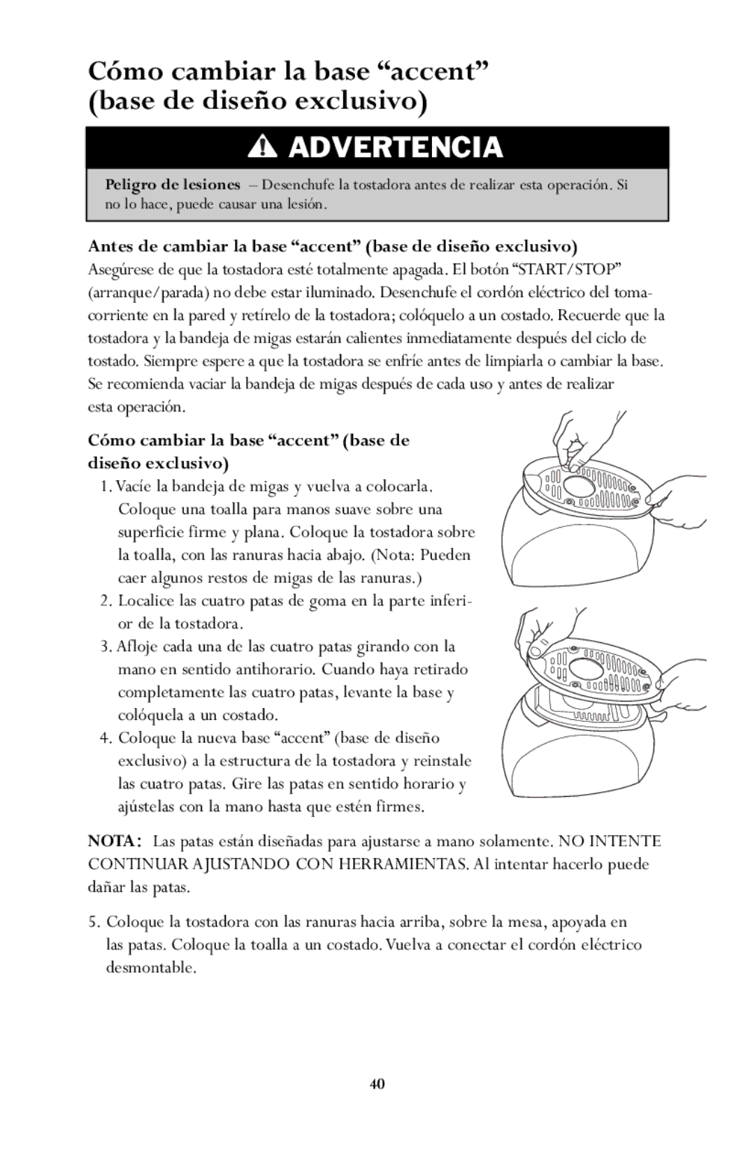 Jenn-Air JTO500 manual Cómo cambiar la base accent base de diseño exclusivo 