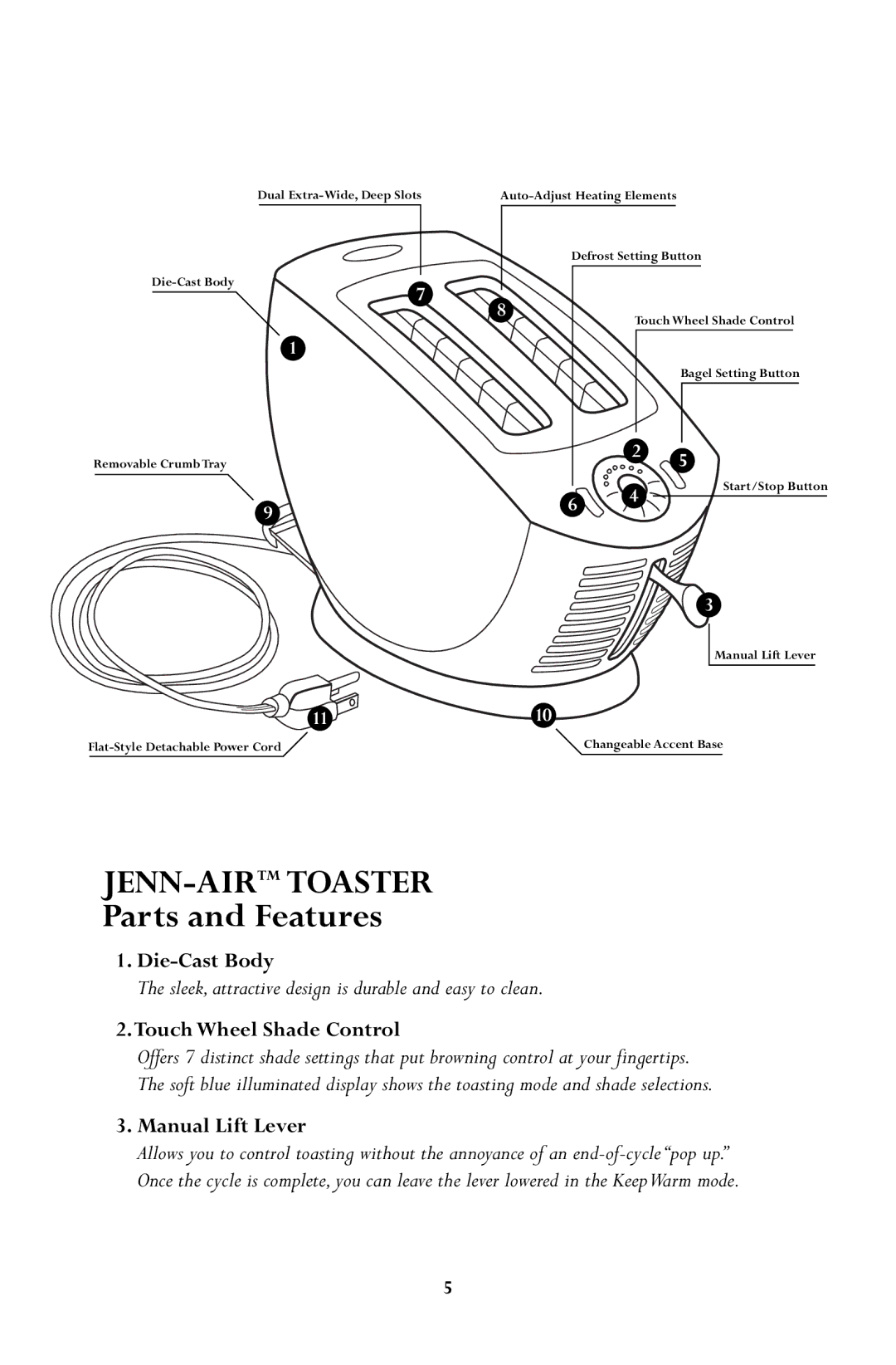 Jenn-Air JTO500 manual Parts and Features, Die-Cast Body, Touch Wheel Shade Control, Manual Lift Lever 