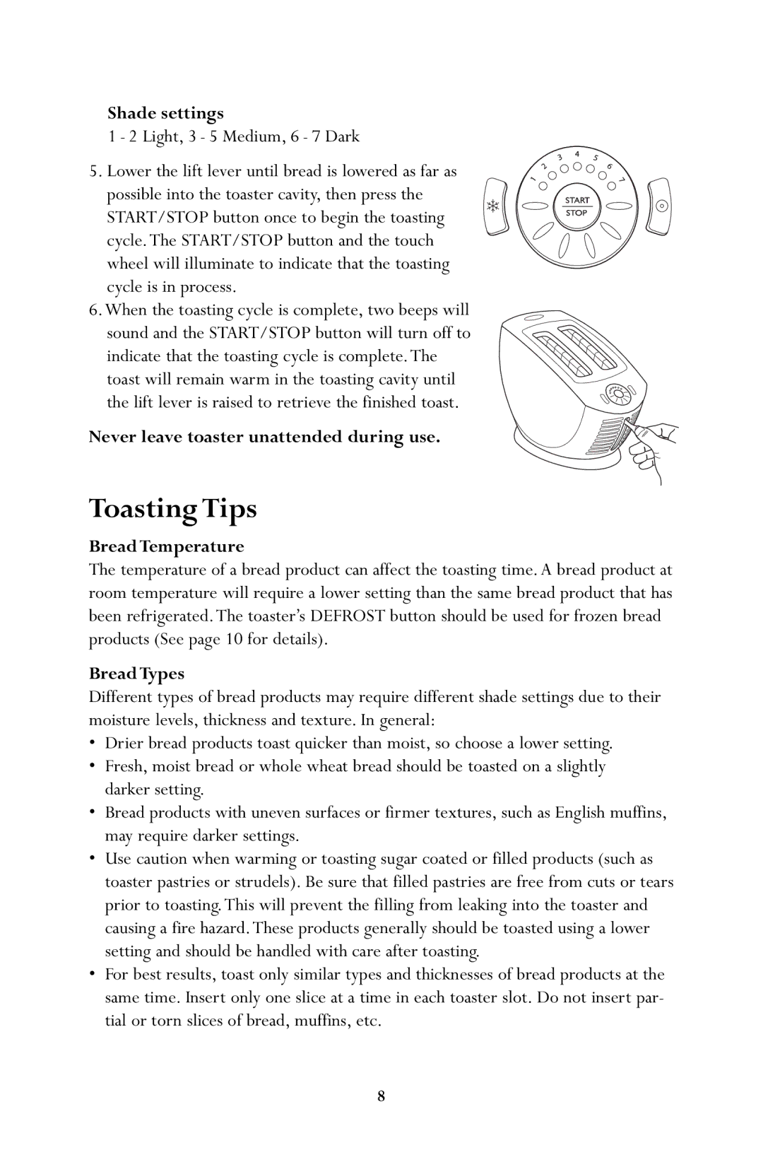 Jenn-Air JTO500 Toasting Tips, Shade settings, Never leave toaster unattended during use, Bread Temperature, Bread Types 