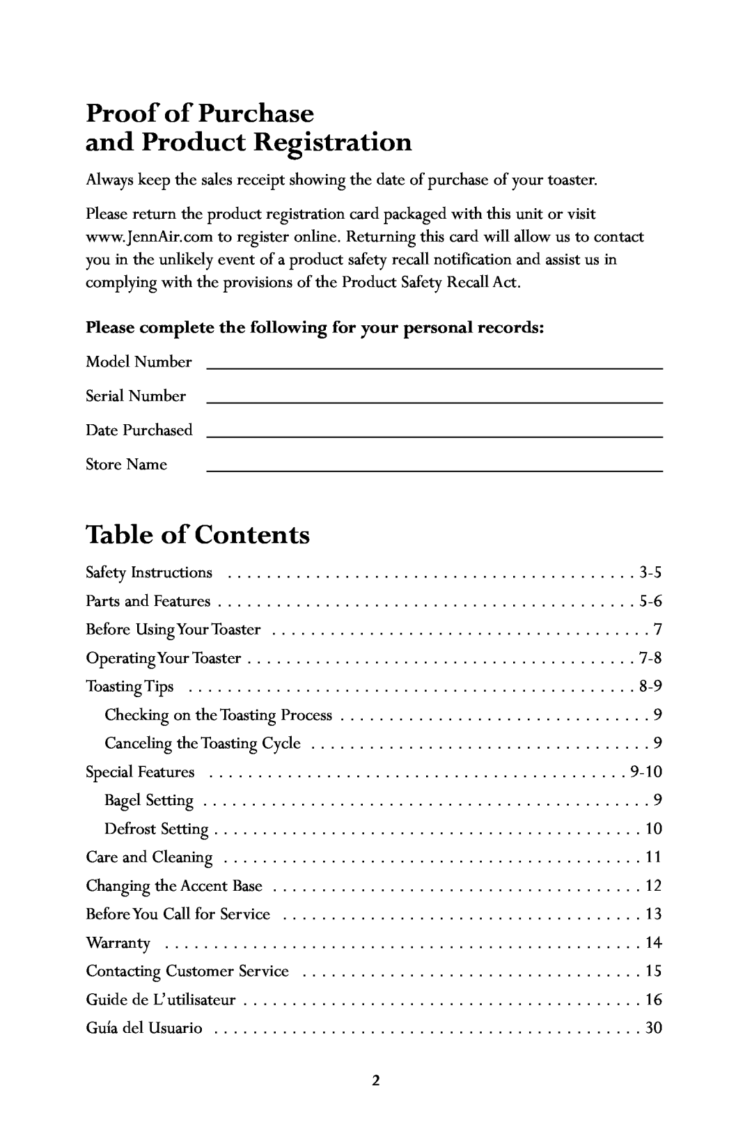 Jenn-Air JTO500 manual Proof of Purchase and Product Registration, Table of Contents 