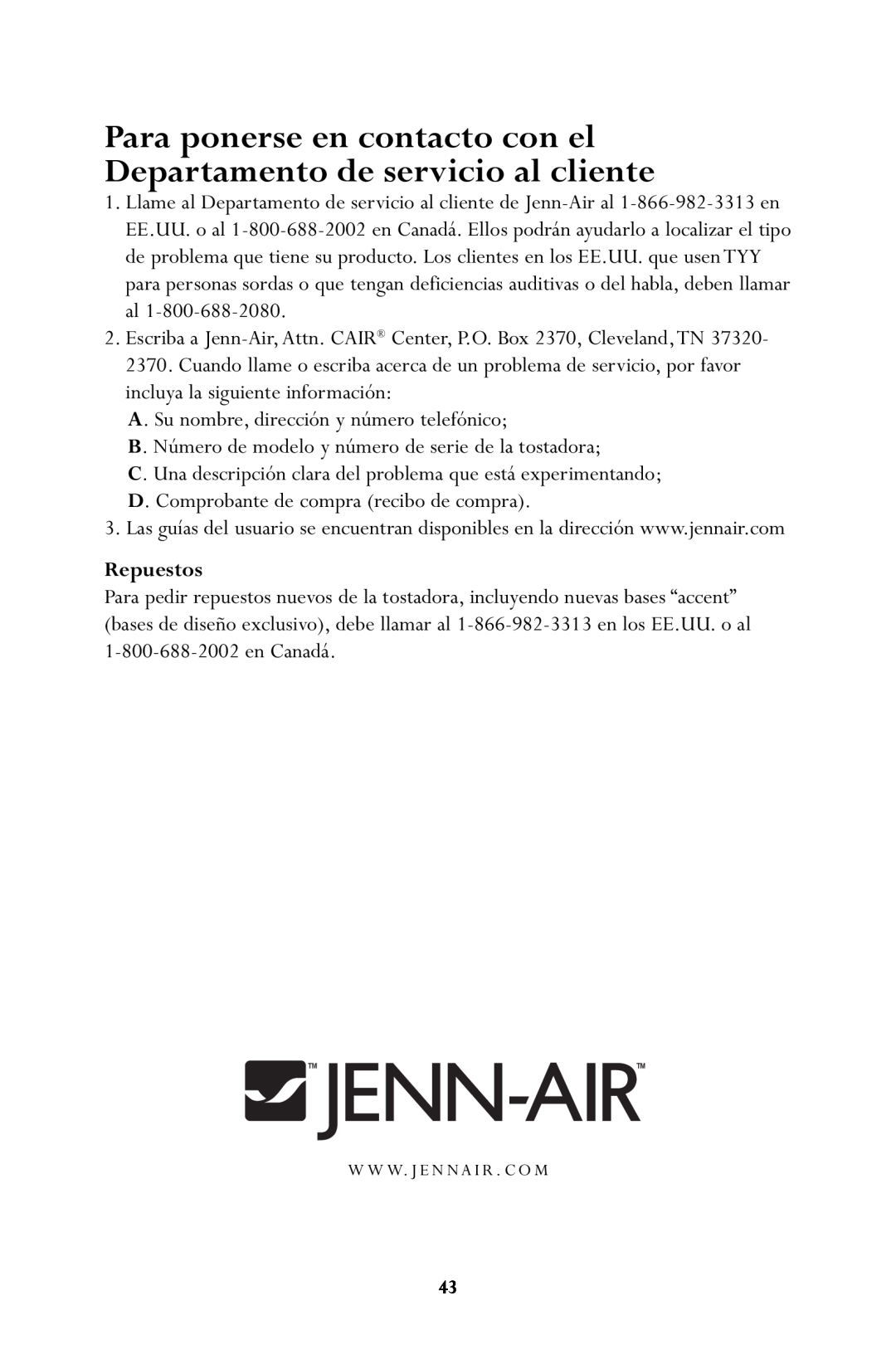 Jenn-Air JTO500 manual Repuestos 