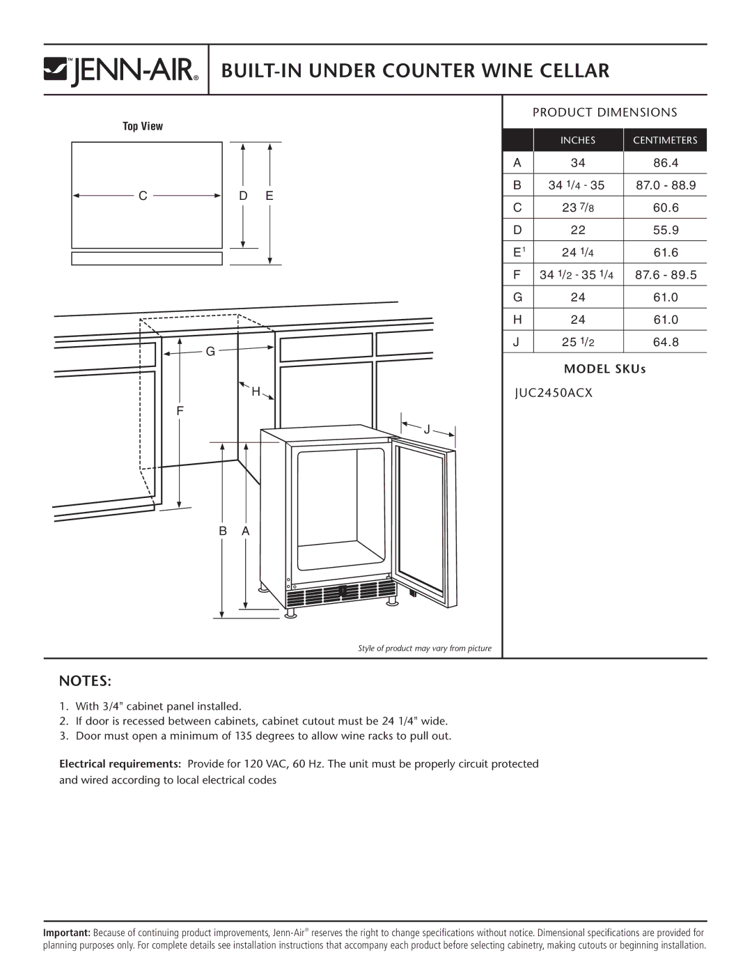 Jenn-Air JUC2450ACX dimensions BUILT-IN Under Counter Wine Cellar, Product Dimensions, 86.4, Model SKUs 