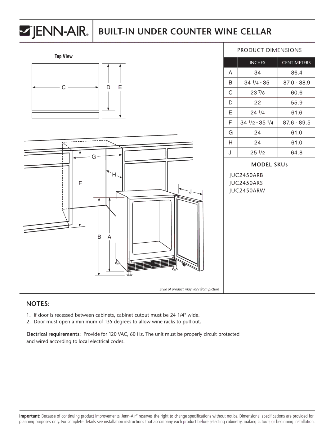 Jenn-Air JUC2450ARS, JUC2450ARB, JUC2450ARW dimensions BUILT-IN Under Counter Wine Cellar, Product Dimensions, Model SKUs 