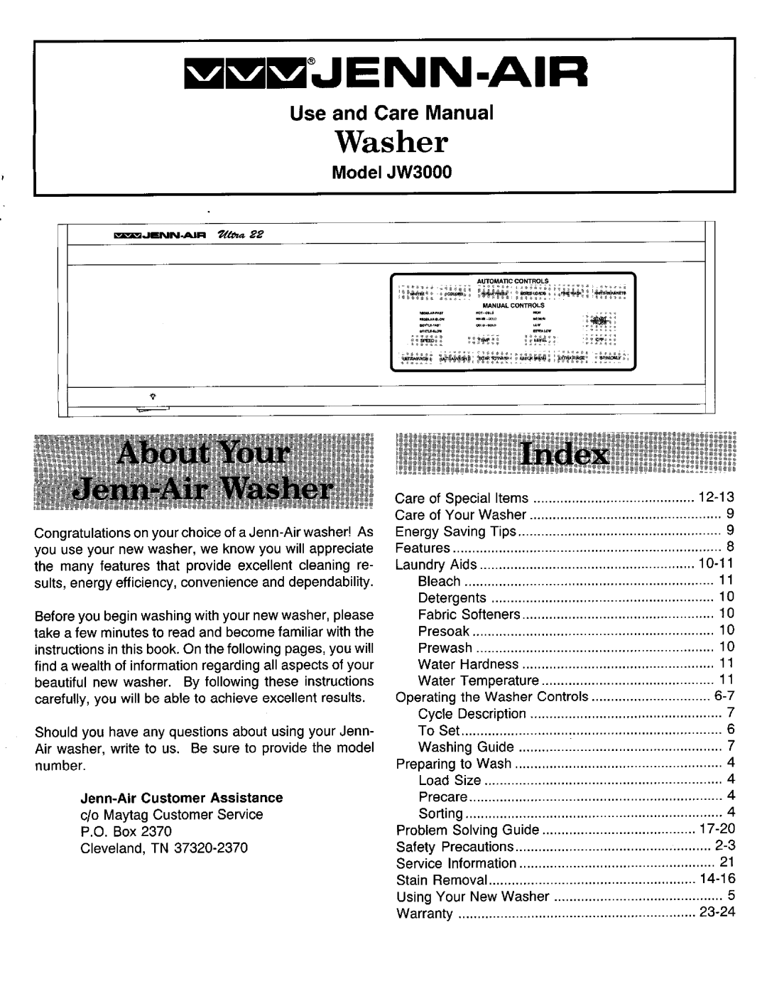 Jenn-Air JW3000 warranty Jenn-Air Customer Assistance, Maytag Custom erS ervic e, Box, Cl ev eland,TN 37320-23, 14-16 