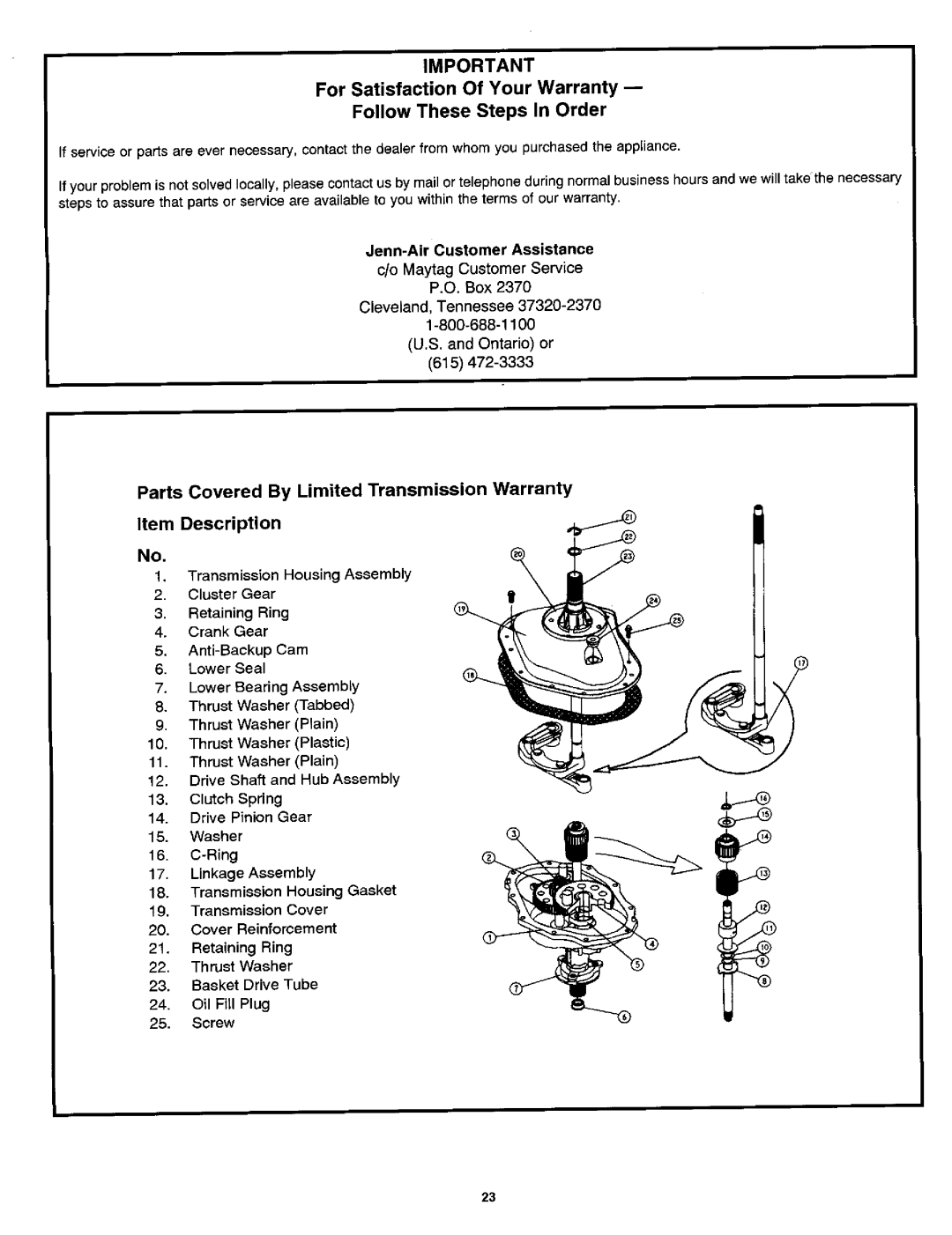 Jenn-Air JW3000 warranty Box Cleveland, Tennessee Ontario or 615, Drive Pinion Gear, Trans mission Co ver 