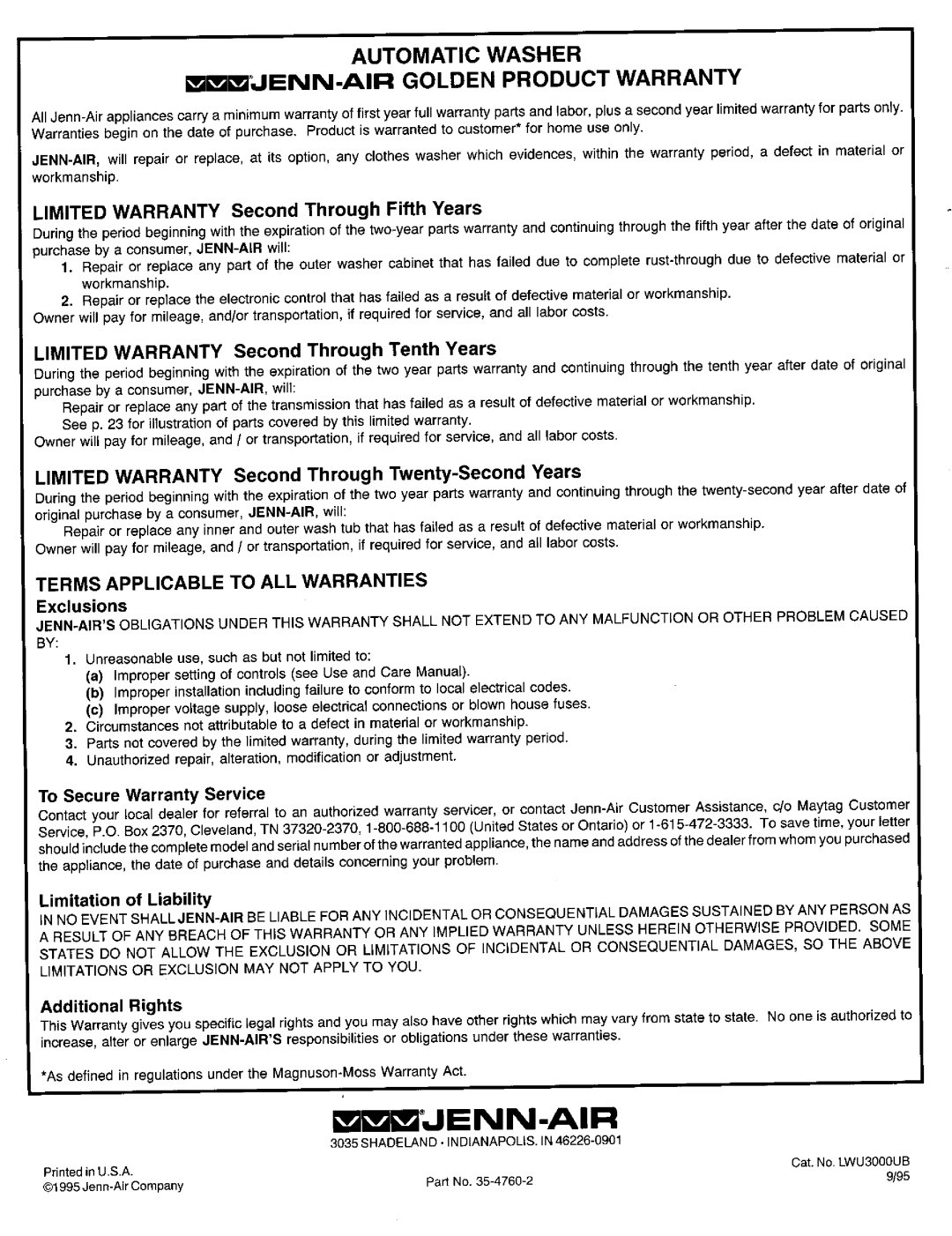 Jenn-Air JW3000 warranty Limited Warranty Second Through Twenty-Second Years, To SecureWarrantyService, Additional Rights 