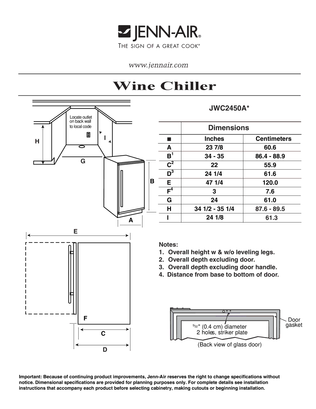 Jenn-Air dimensions Wine Chiller, JWC2450A Dimensions 