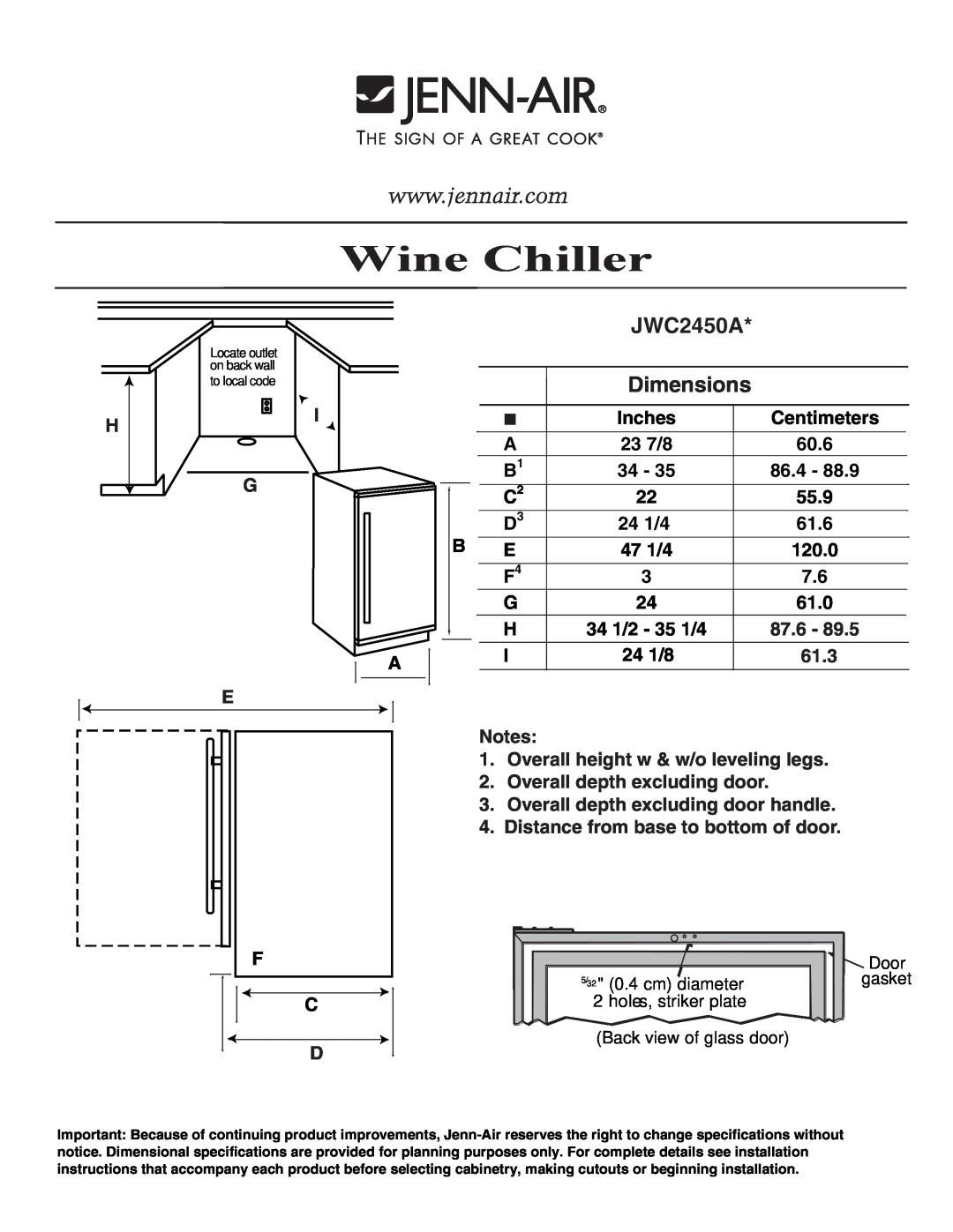 Jenn-Air JWC2450A dimensions Wine Chiller, Dimensions 