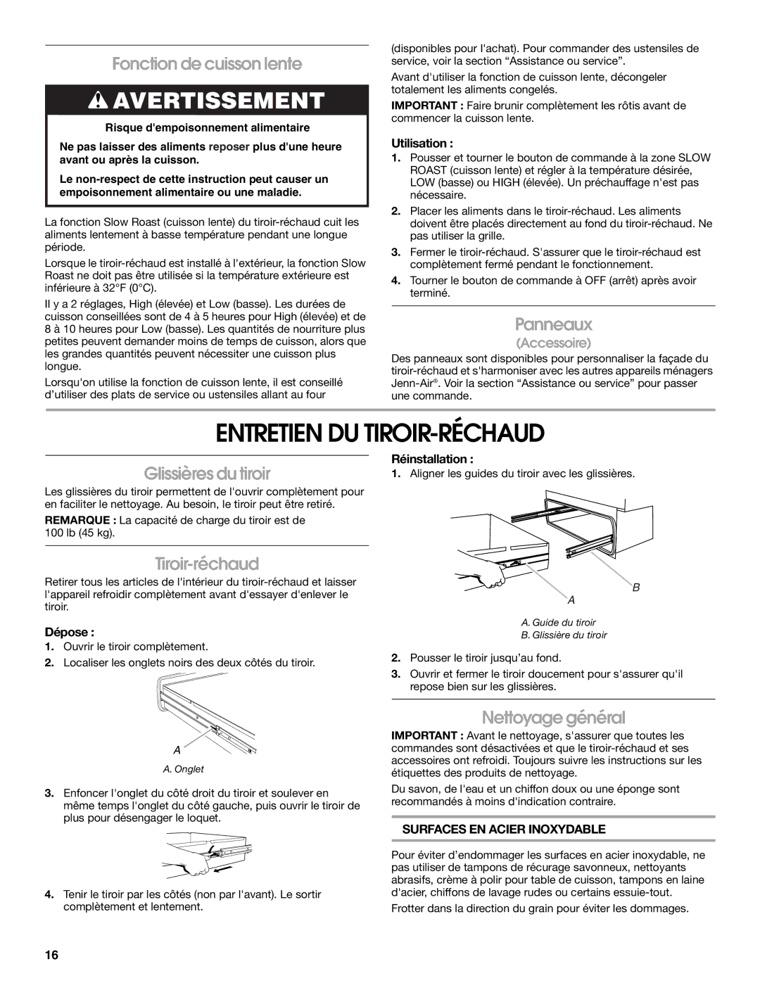 Jenn-Air JWD2030WS manual Entretien DU TIROIR-RÉCHAUD 