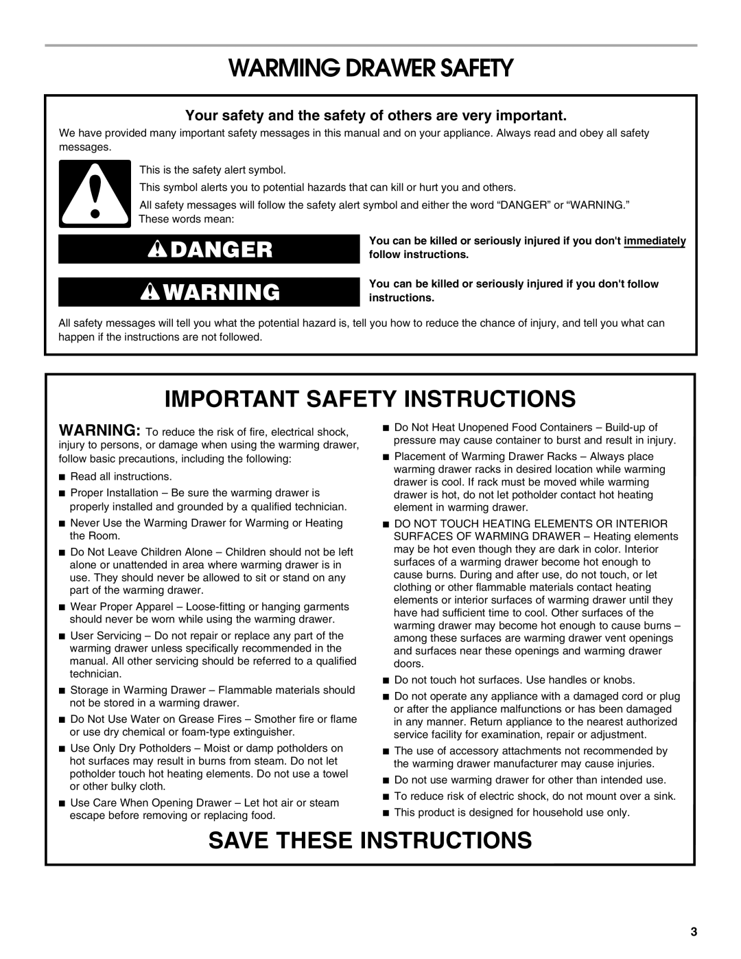 Jenn-Air JWD2030WS manual Warming Drawer Safety, Your safety and the safety of others are very important 