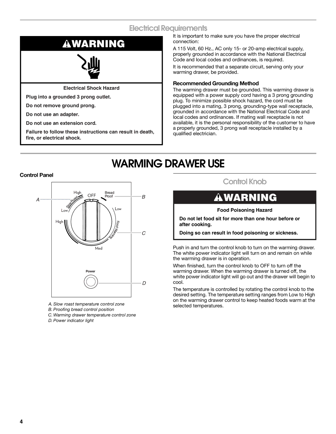 Jenn-Air JWD2030WS Warming Drawer USE, Electrical Requirements, Control Knob, Recommended Grounding Method, Control Panel 