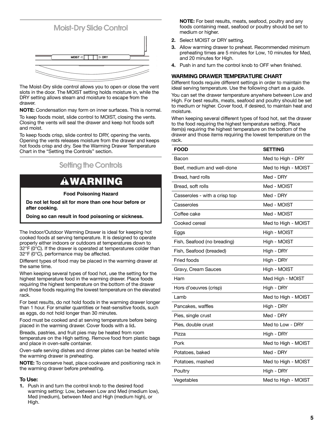 Jenn-Air JWD2030WS Moist-Dry Slide Control, Setting the Controls, To Use, Warming Drawer Temperature Chart, Food Setting 