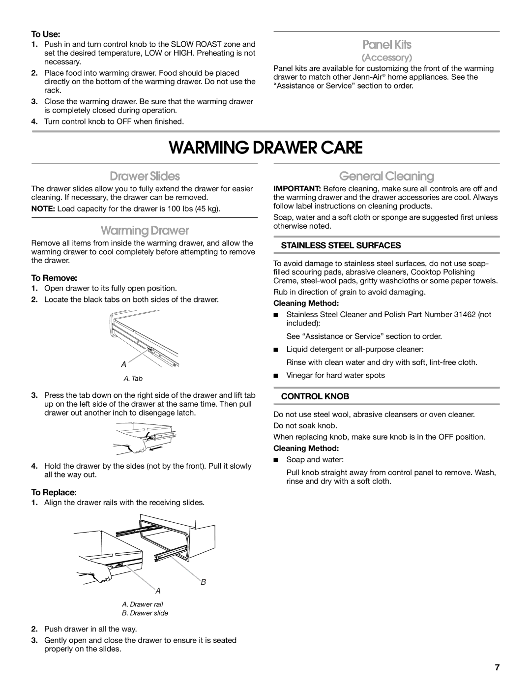 Jenn-Air JWD2030WS manual Warming Drawer Care, Panel Kits, Drawer Slides, General Cleaning 