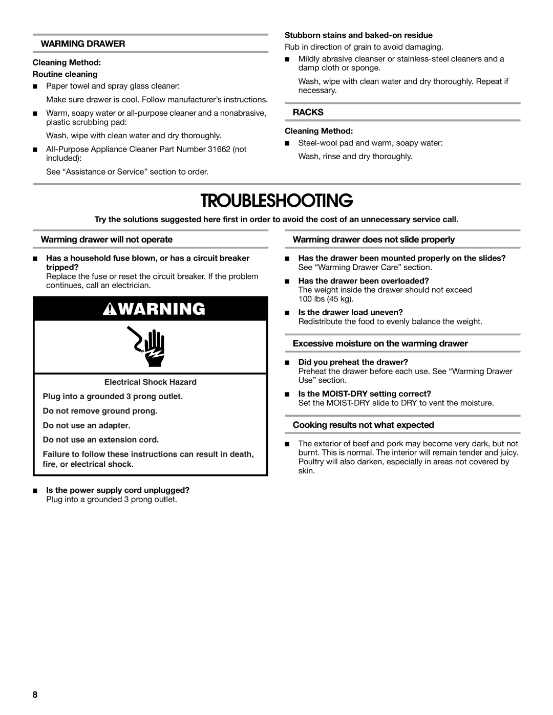 Jenn-Air JWD2030WS manual Troubleshooting, Warming Drawer, Racks 