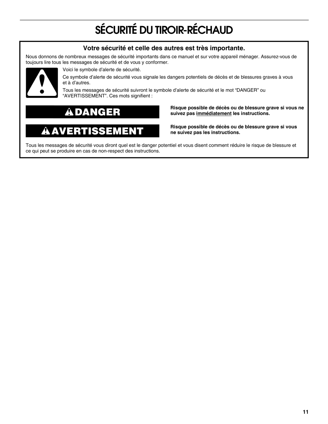 Jenn-Air JWD2030WS manual Sécurité Du Tiroir-Réchaud, Danger Avertissement 