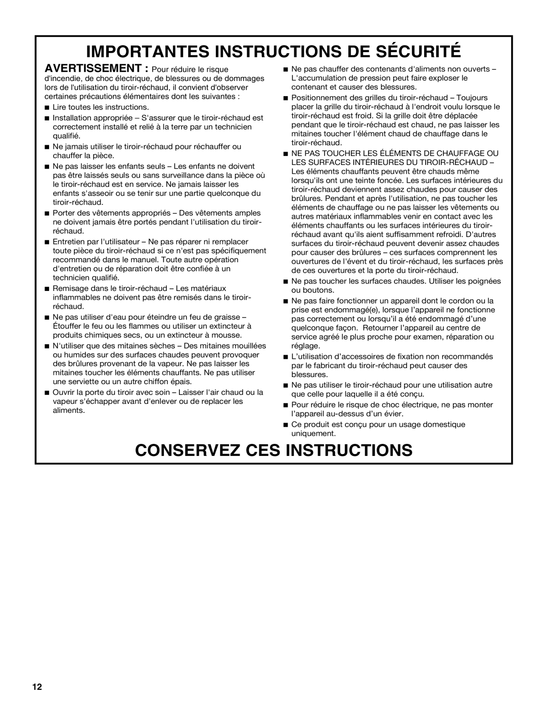 Jenn-Air JWD2030WS manual Importantes Instructions De Sécurité, Conservez Ces Instructions 