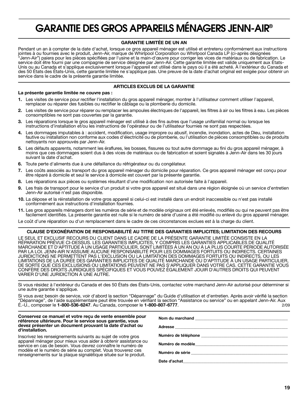 Jenn-Air JWD2030WS manual Garantie Des Gros Appareils Ménagers Jenn-Air, Garantie Limitée De Un An 