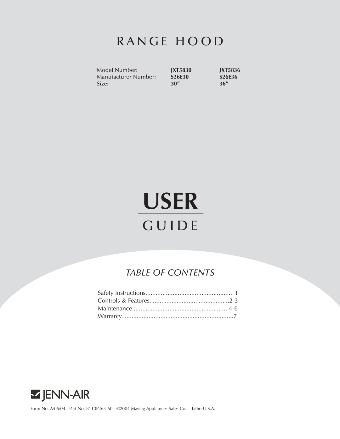 Jenn-Air JXT5830, JXT5836 warranty User 