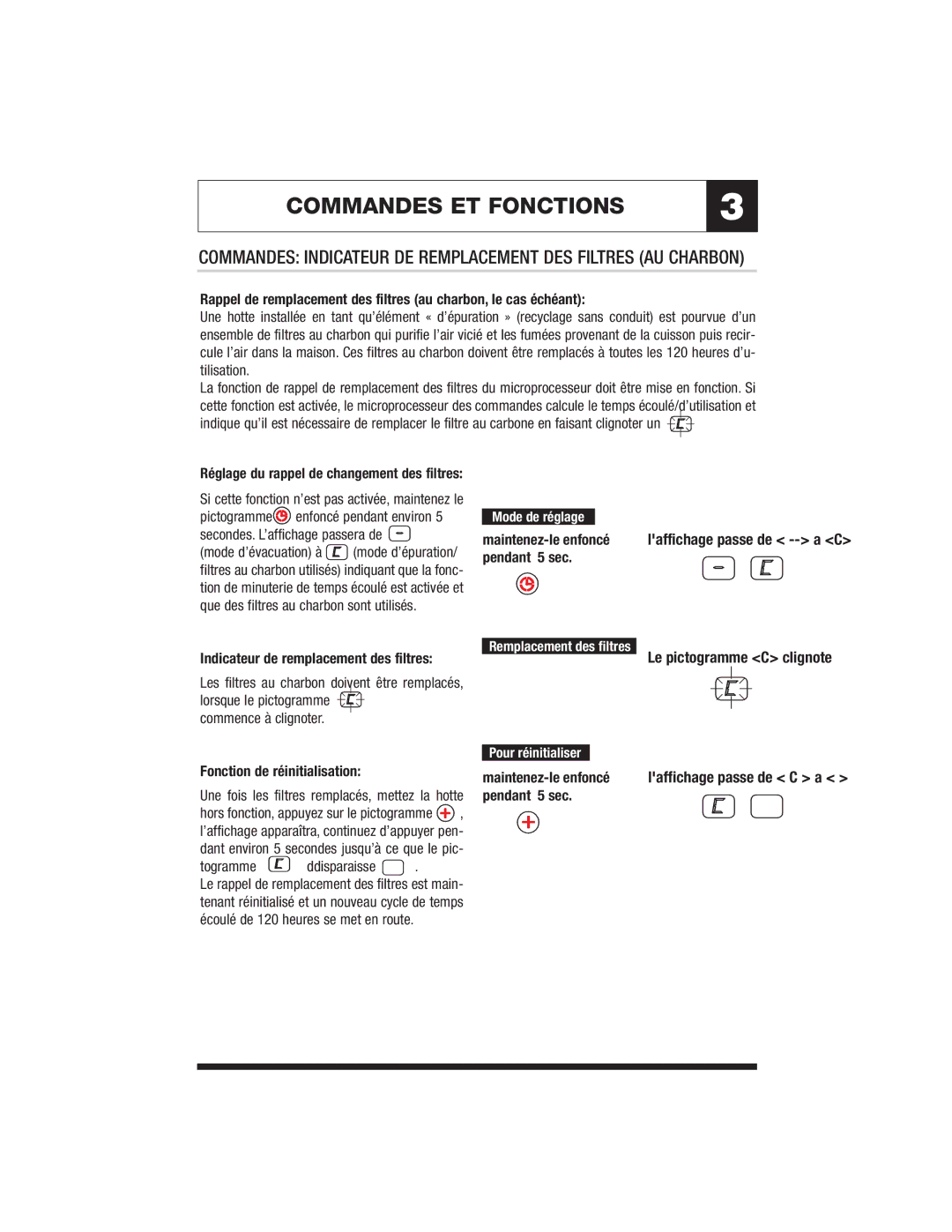 Jenn-Air JXT5836 Commandes Indicateur DE Remplacement DES Filtres AU Charbon, Commence à clignoter, Togramme ddisparaisse 