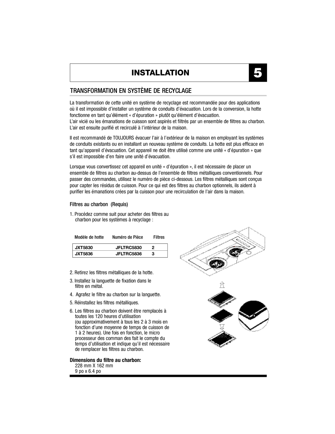 Jenn-Air JXT5836 Transformation EN Système DE Recyclage, Filtres au charbon Requis, Dimensions du filtre au charbon 