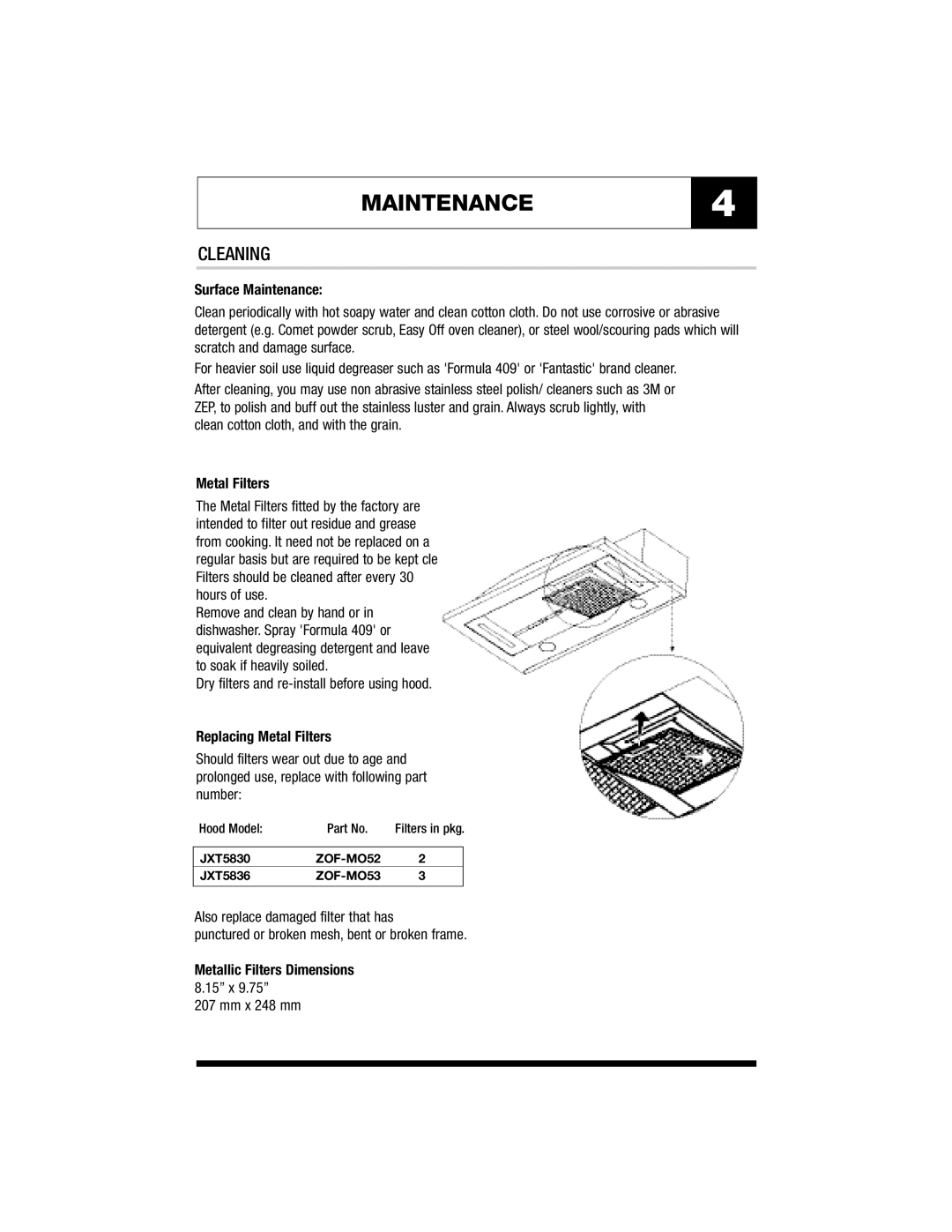 Jenn-Air JXT5830, JXT5836 warranty MAINTENANCE4, Cleaning, Surface Maintenance, Replacing Metal Filters 