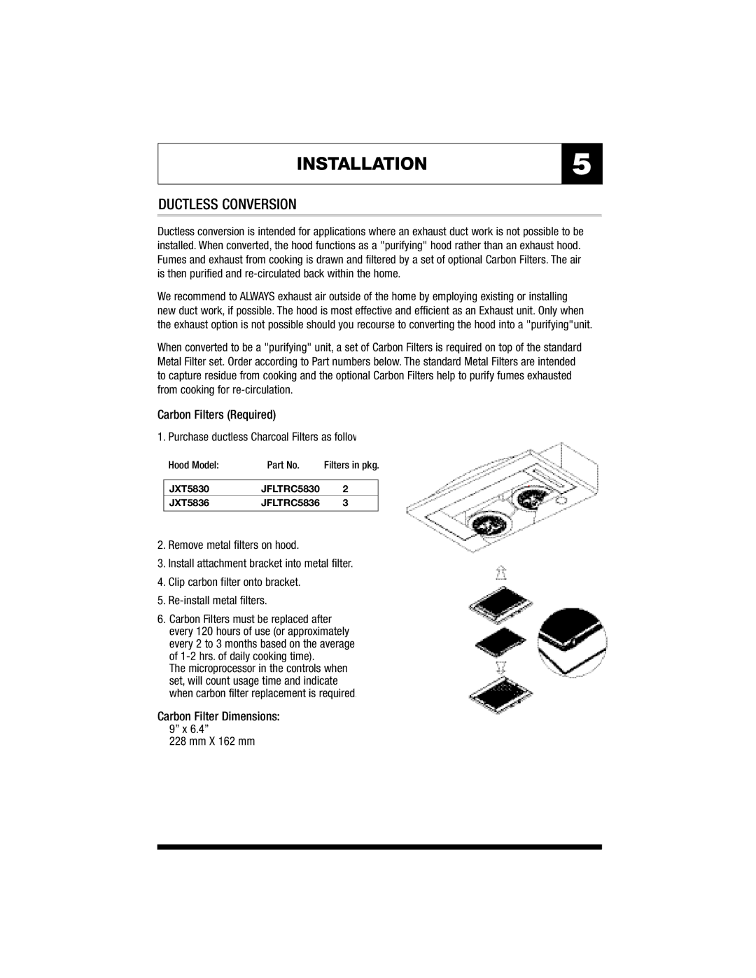 Jenn-Air JXT5836, JXT5830 warranty INSTALLATION5, Ductless Conversion, Carbon Filter Dimensions Mm X 162 mm 