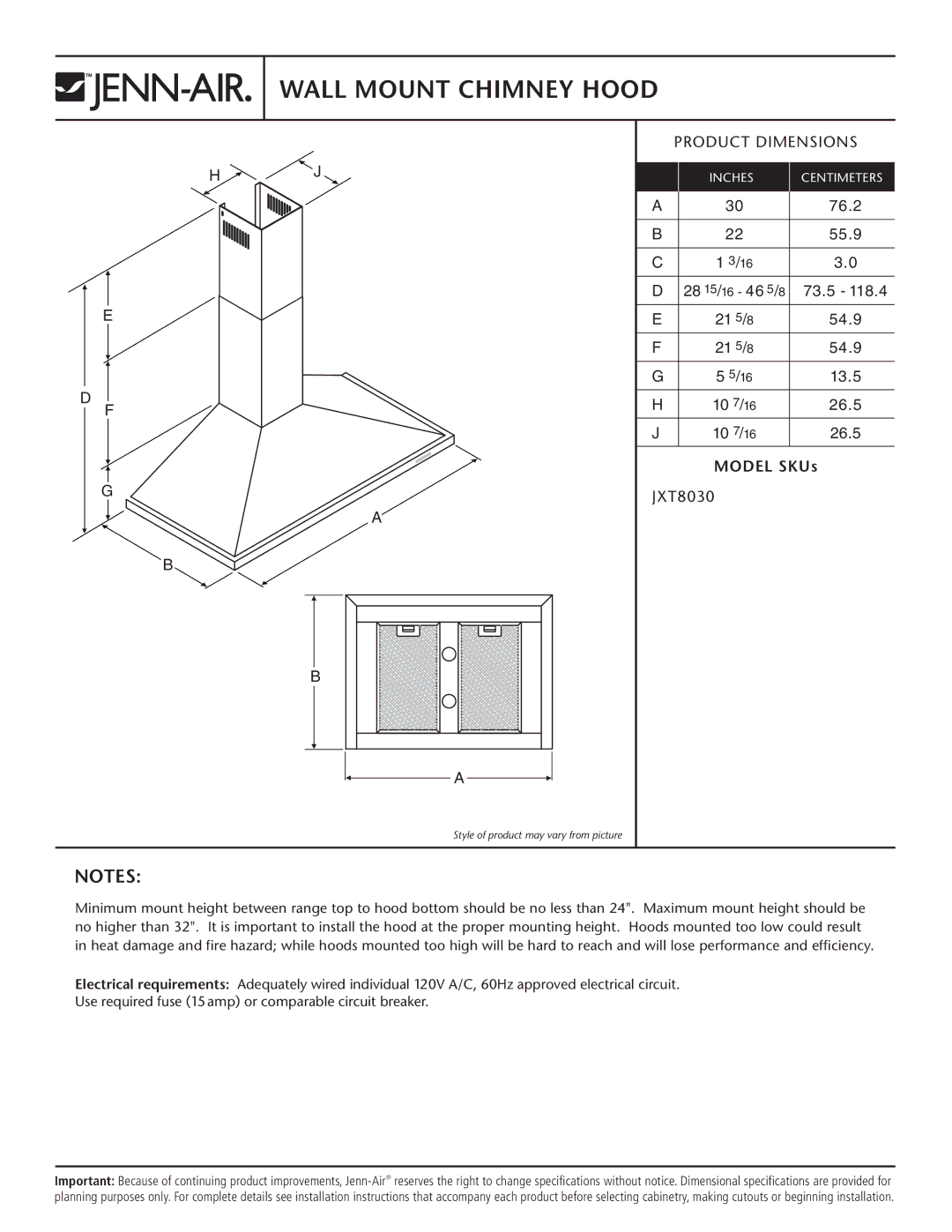 Jenn-Air JXT8030 dimensions Wall Mount Chimney Hood, Model SKUs 