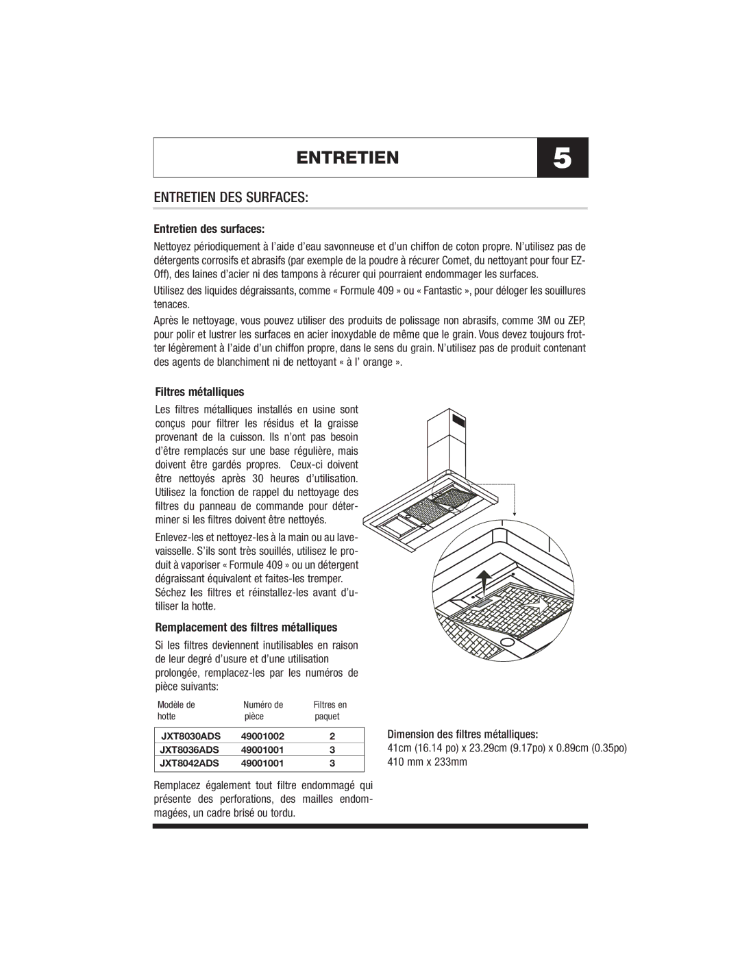 Jenn-Air JXT8030ADS warranty ENTRETIEN5, Entretien DES Surfaces, Entretien des surfaces, Filtres métalliques 