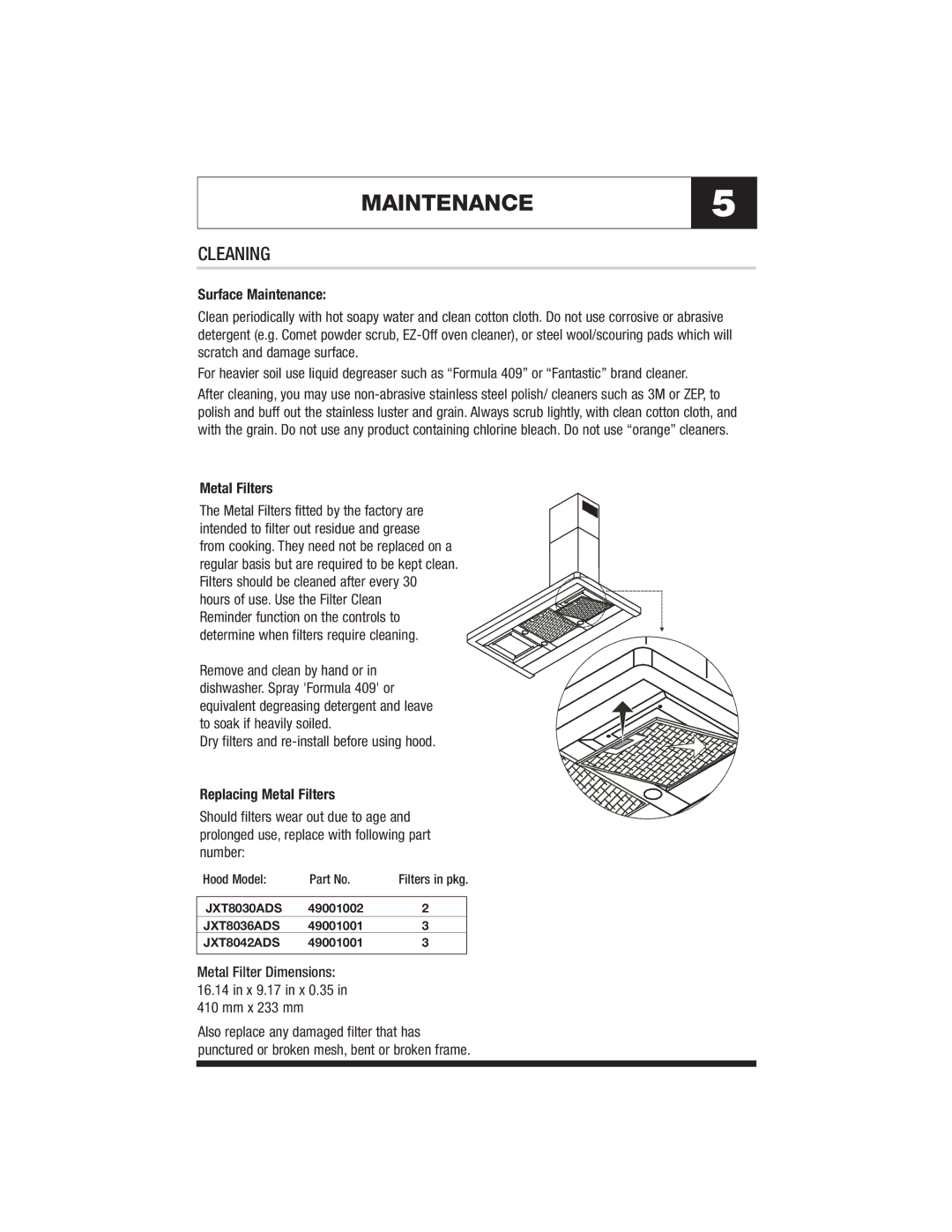 Jenn-Air JXT8030ADS warranty MAINTENANCE5, Cleaning, Surface Maintenance, Replacing Metal Filters 