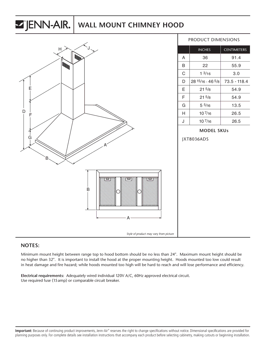 Jenn-Air JXT8036ADS dimensions Wall Mount Chimney Hood, Product Dimensions, Model SKUs 