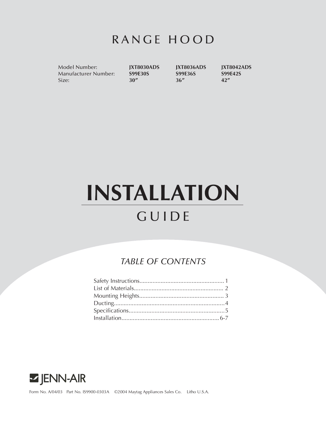 Jenn-Air JXT8042ADS specifications Installation 