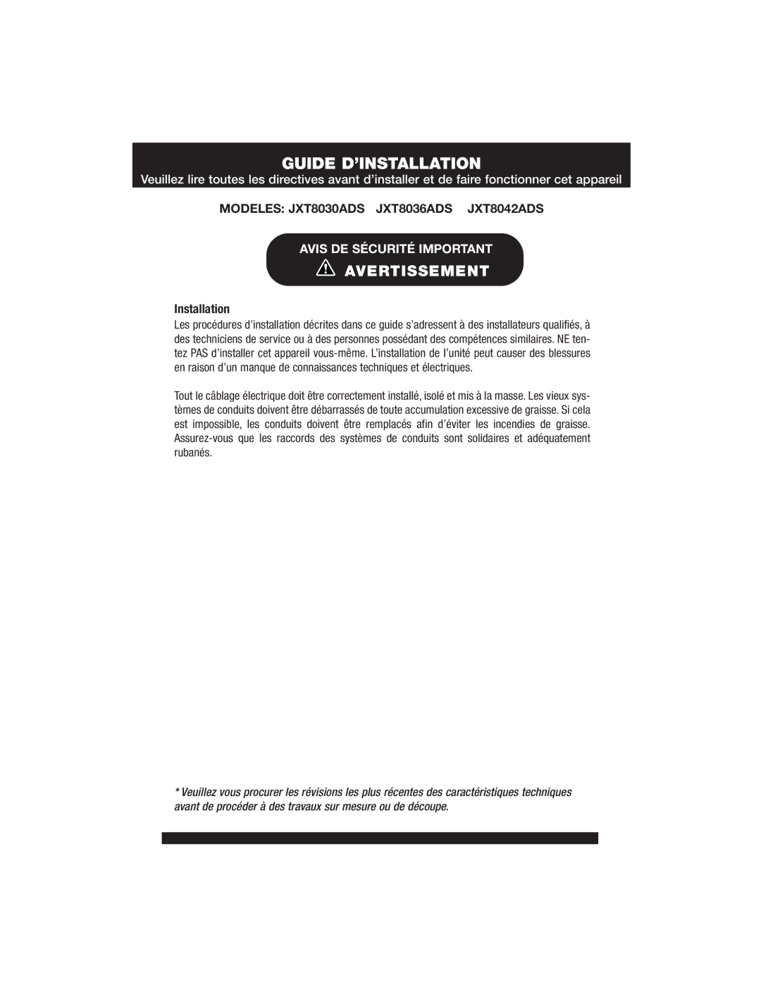 Jenn-Air JXT8042ADS specifications Guide D’INSTALLATION, Avis DE Sécurité Important 