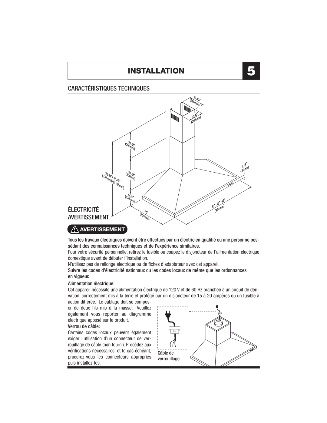 Jenn-Air JXT8042ADS specifications Caractéristiques Techniques, Avertissement, Rouillage de câble non fourni. Procédez aux 