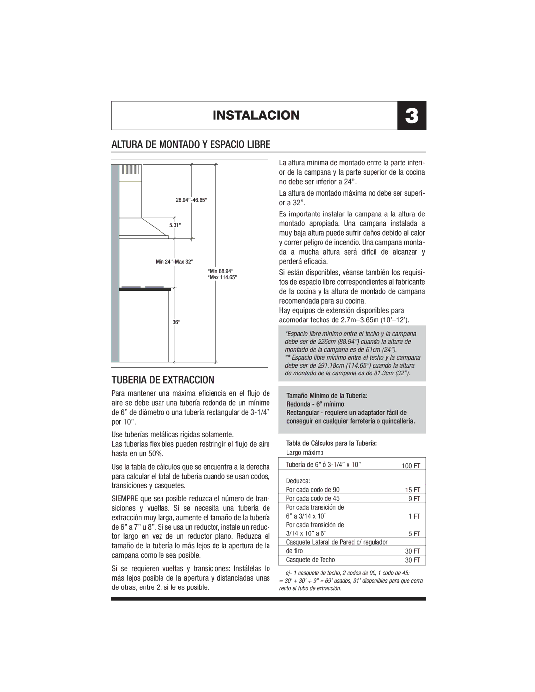 Jenn-Air JXT8042ADS specifications INSTALACION3, Altura DE Montado Y Espacio Libre, Tuberia DE Extraccion 