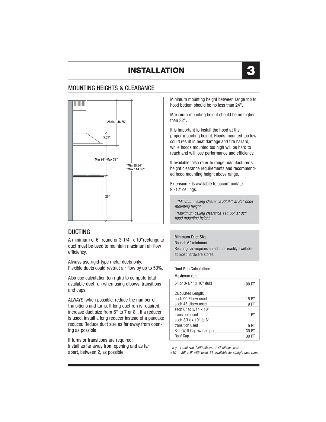 Jenn-Air JXT8042ADS INSTALLATION3, Mounting Heights & Clearance, Ducting, If turns or transitions are required 