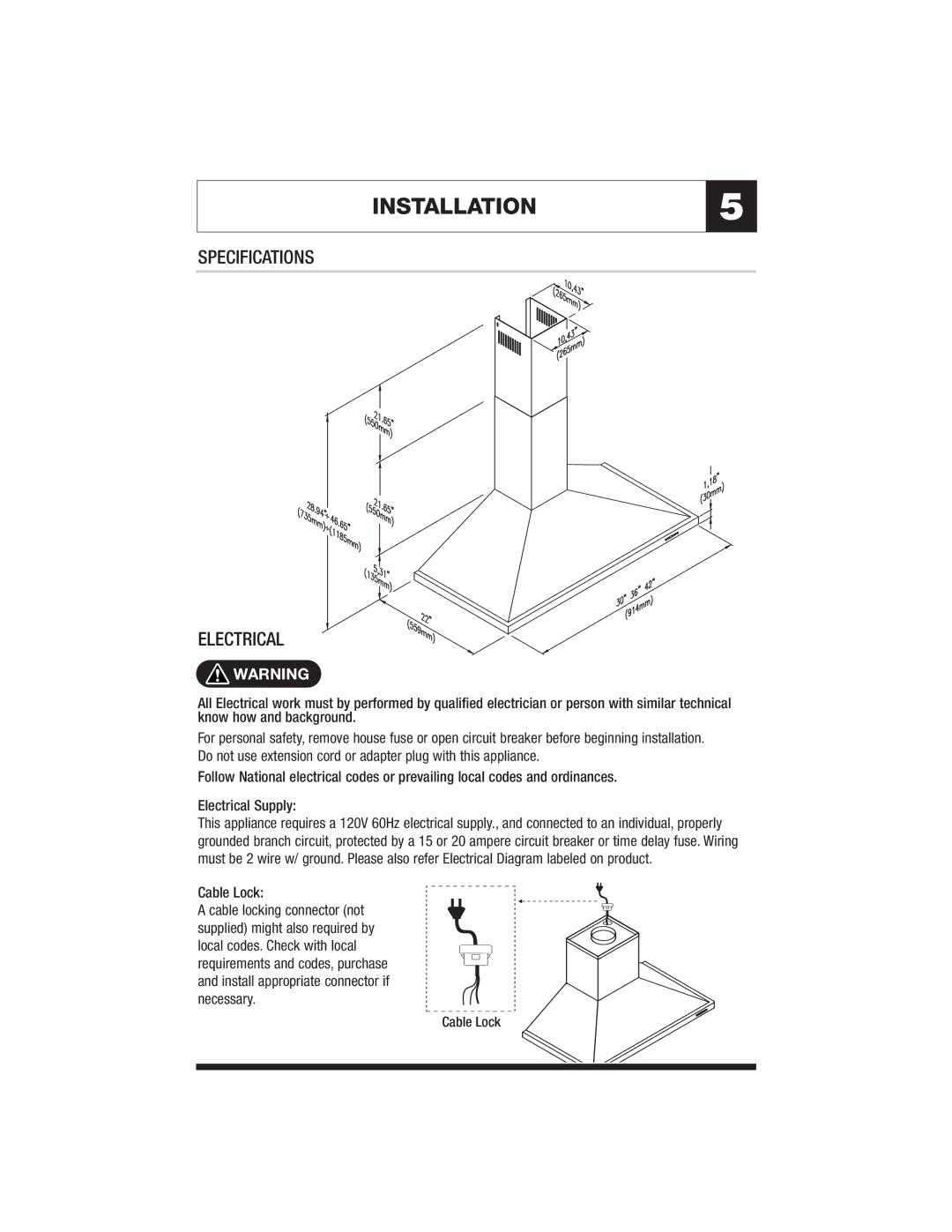 Jenn-Air JXT8042ADS specifications INSTALLATION5, Specifications Electrical, Cable Lock 